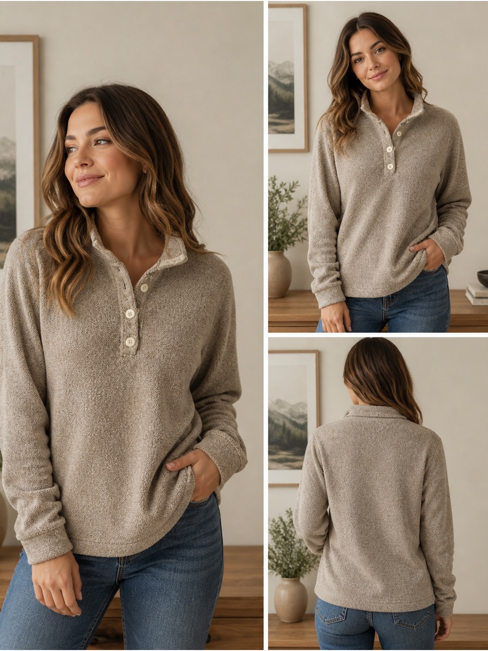 Eddie Bauer Women's Button-Front Pullover Sweater - Taupe Heather